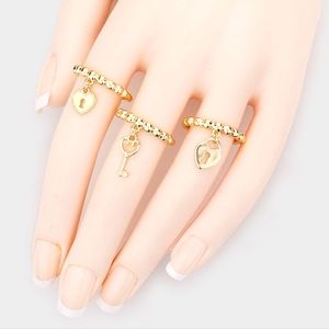 Gold Size 7 Heart Lock & Key Ring Dangling Charms Statement Jewelry Finger Set